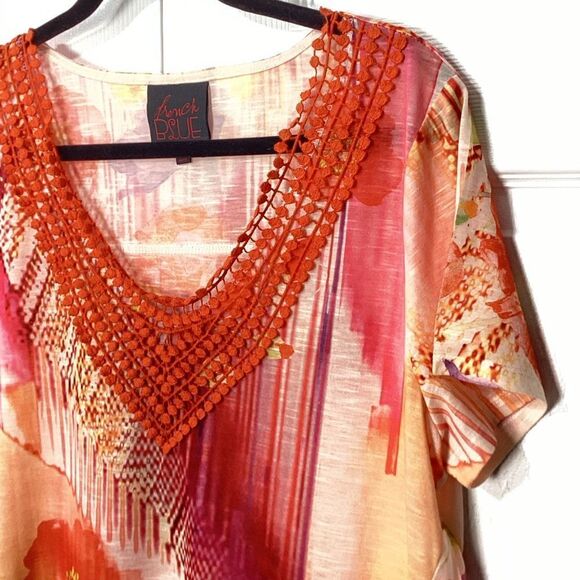 French Blue Brand Tunic Orange Floral Lightweight High Low Orange Crochet Front - Picture 6 of 11
